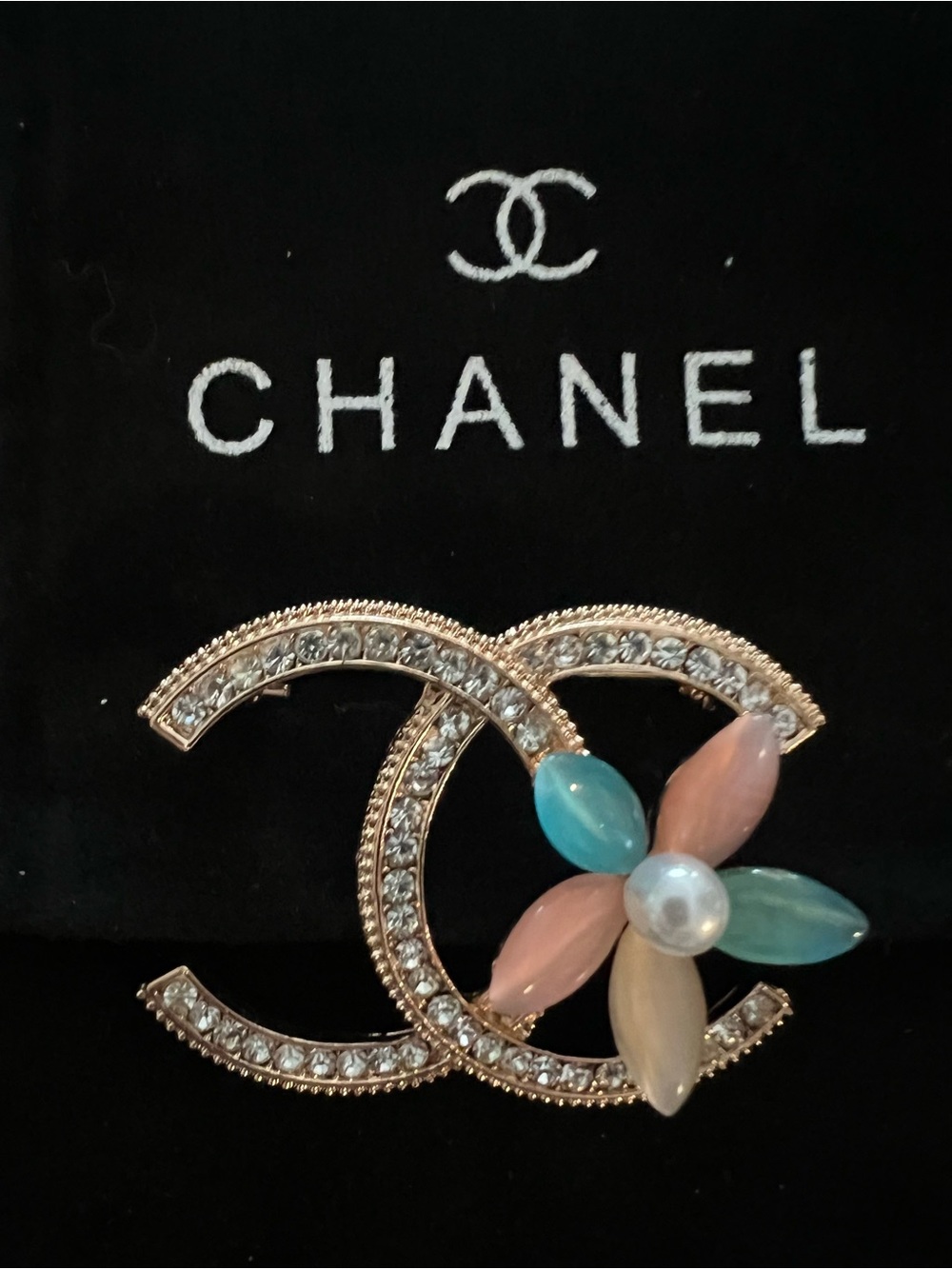 CHANEL Gold Crystal CC Brooch with Pastel Blue, Pink and Cream Flower